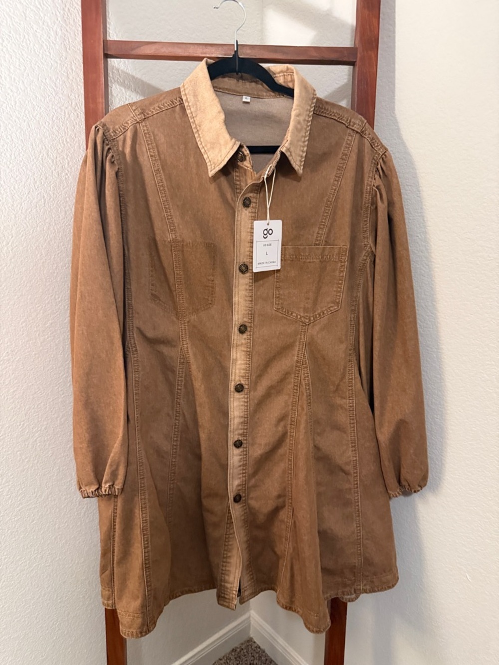 Tan Denim Mini Western Button Front Shirt Dress Size Large NWT - Picture 1 of 5